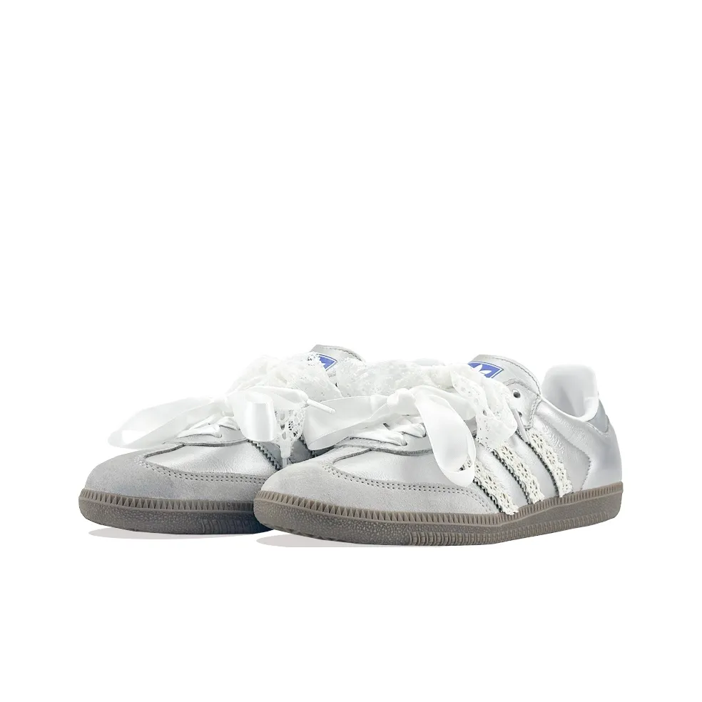Adidas Samba - Custom GAT Shoes Silver With Lace Satin Shoelaces