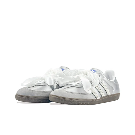 Adidas Samba - Custom GAT Shoes Silver With Lace Satin Shoelaces
