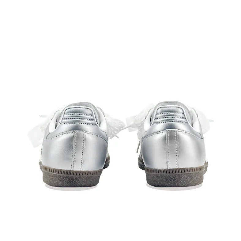 Adidas Samba - Custom GAT Shoes Silver With Lace Satin Shoelaces