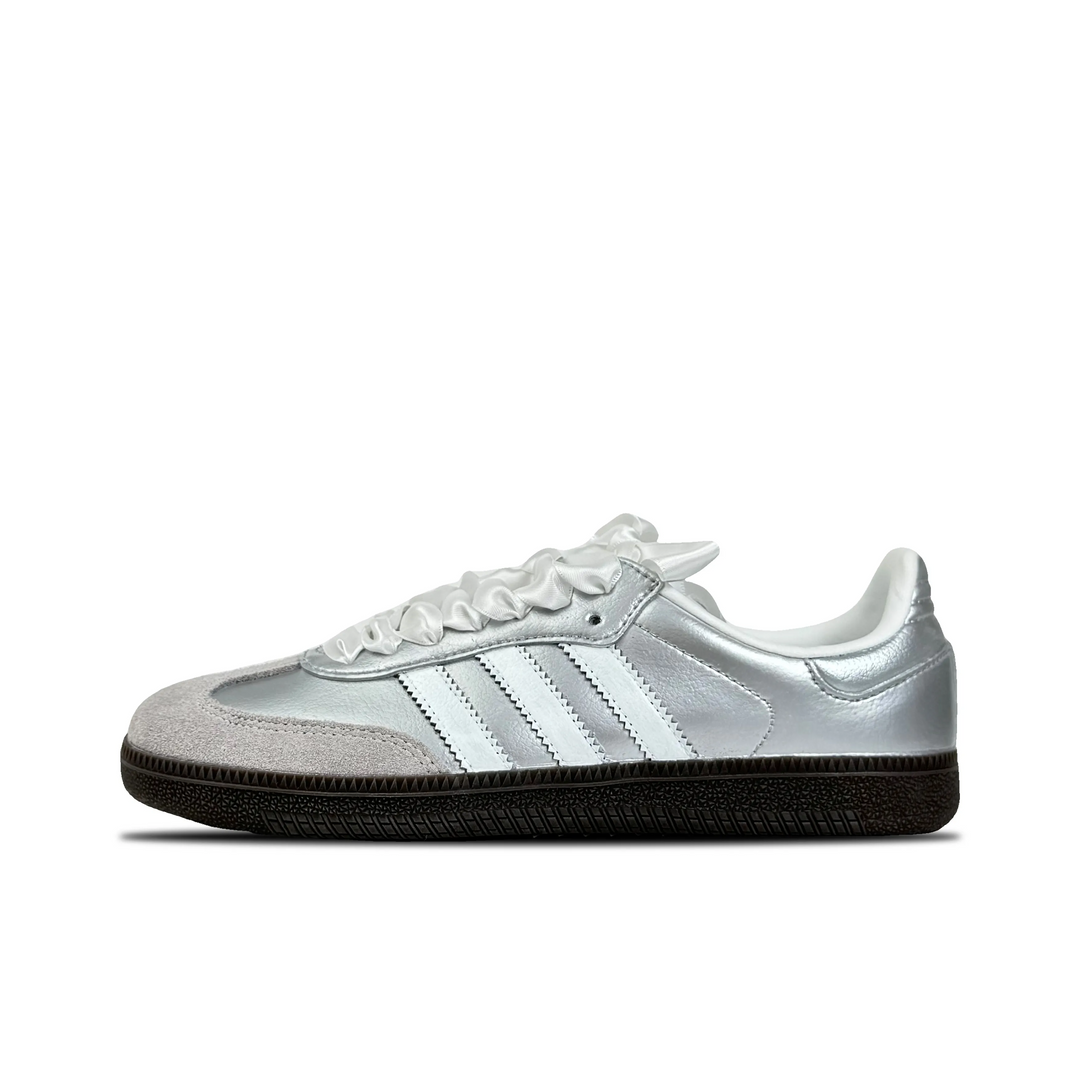 Adidas Samba - Custom GAT Shoes Silver With White Ribbon Laces