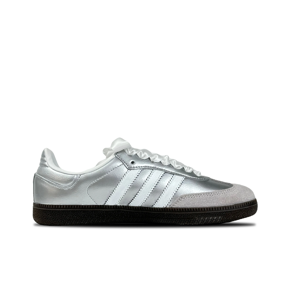 Adidas Samba - Custom GAT Shoes Silver With White Ribbon Laces