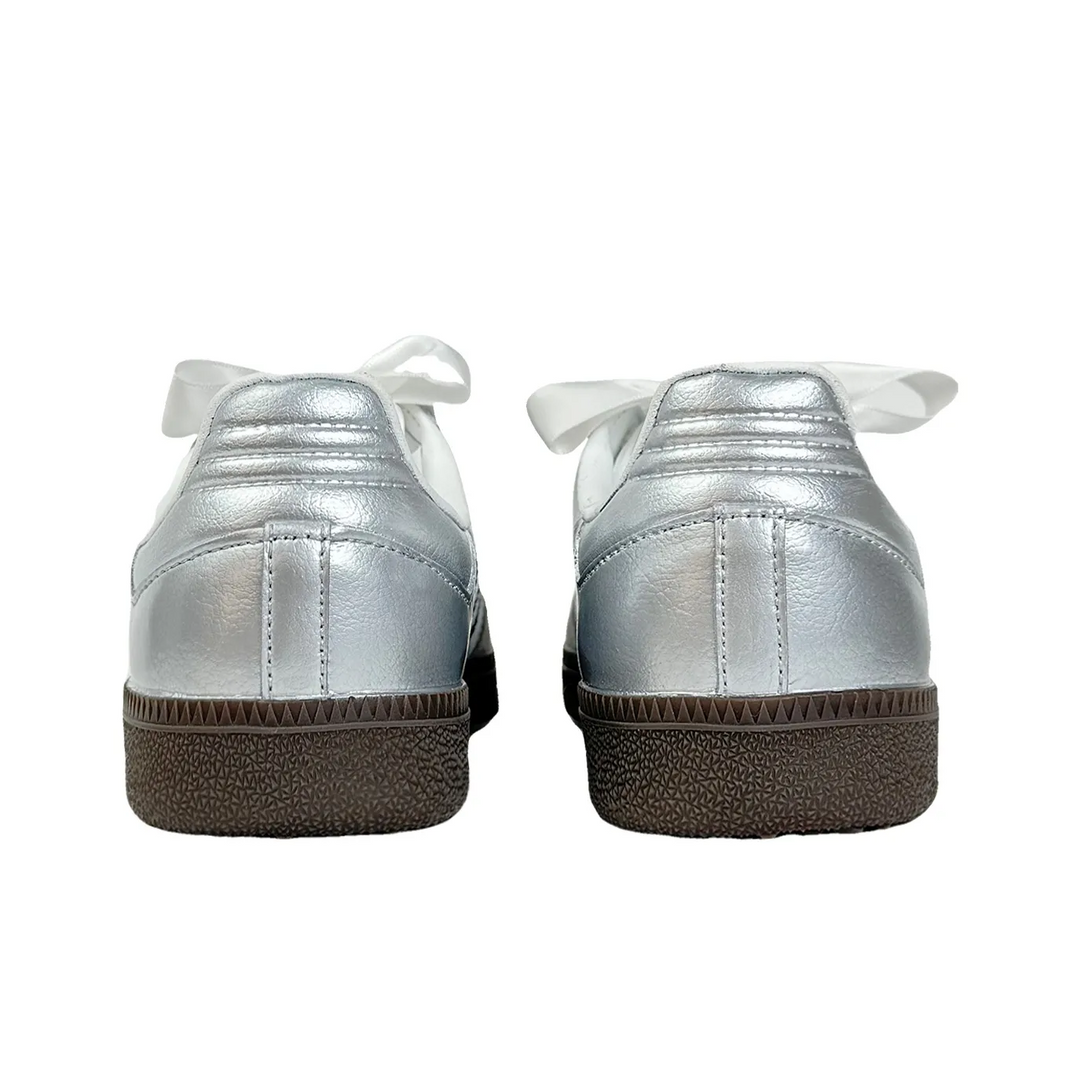 Adidas Samba - Custom GAT Shoes Silver With White Ribbon Laces