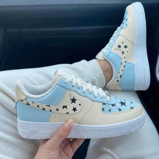 Custom Air Force 1 Baby Blue Beige with Star Pattern