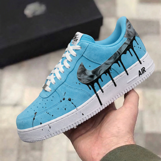 Custom Air Force 1 Baby Blue Black Drip Splatter