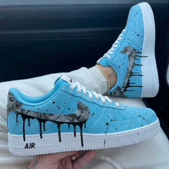 Custom Air Force 1 Baby Blue Black Drip Splatter