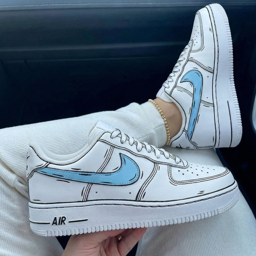 Custom Air Force 1 Baby Blue Cartoon Outline Design