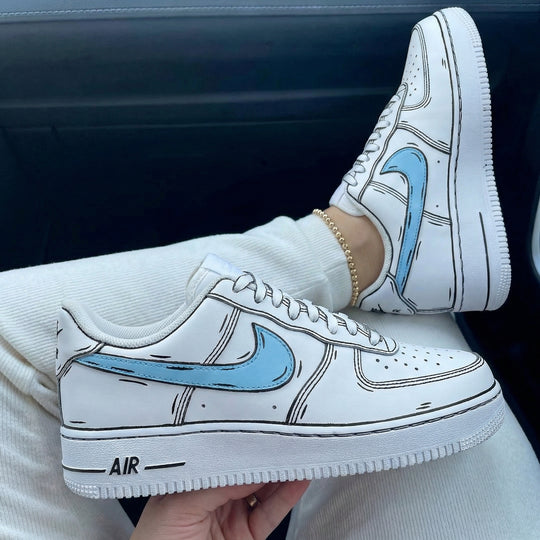 Custom Air Force 1 Baby Blue Cartoon Outline Design