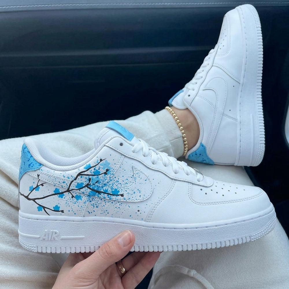 Custom Air Force 1 Baby Blue Cherry Blossom Branch Splatter