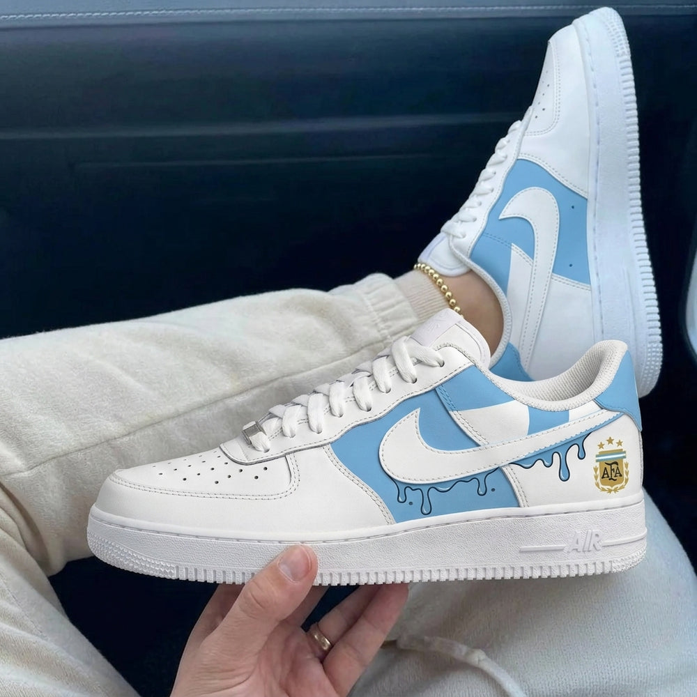 Custom Air Force 1 Baby Blue Gold Argentina Drip