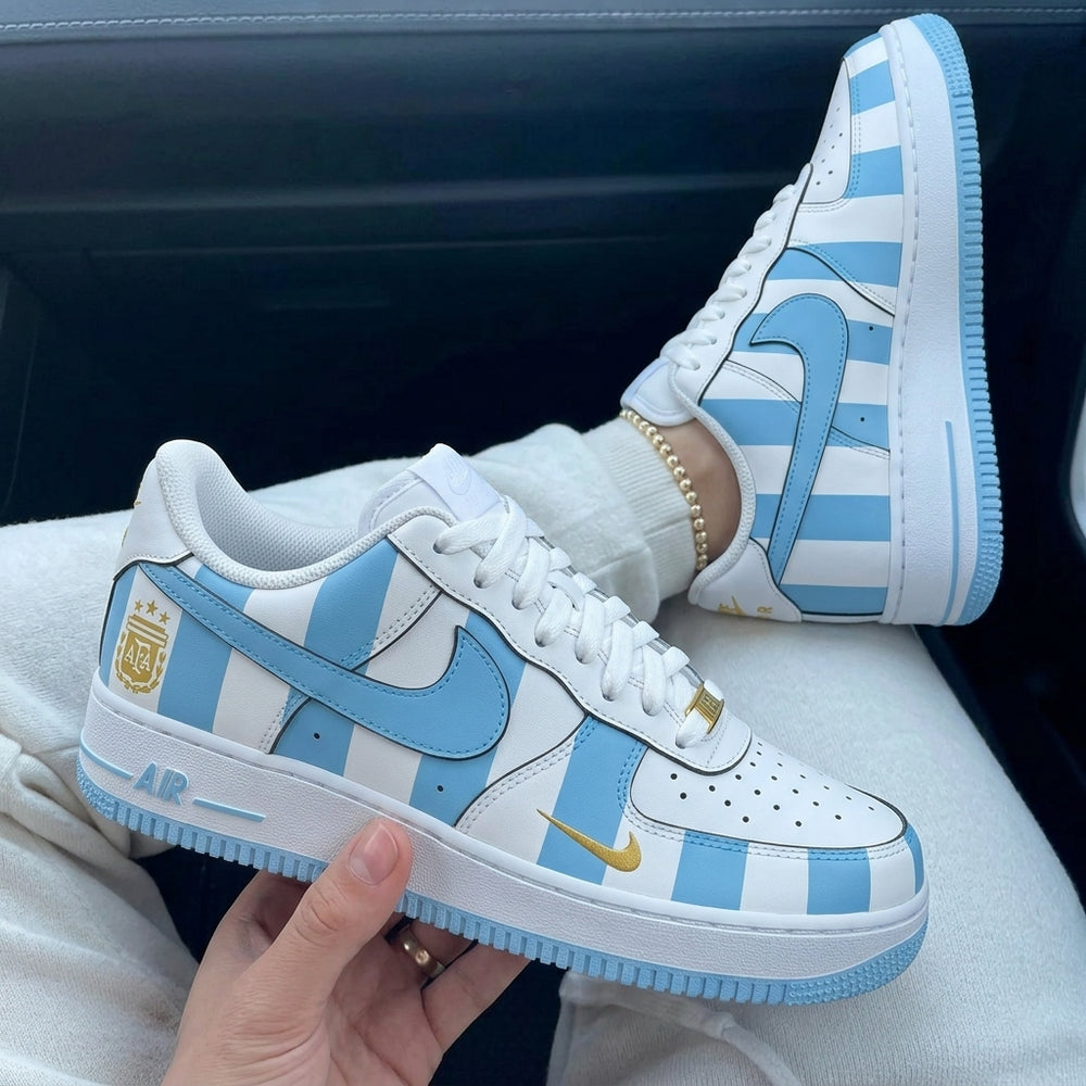 Custom Air Force 1 Baby Blue Gold Argentina Stripe