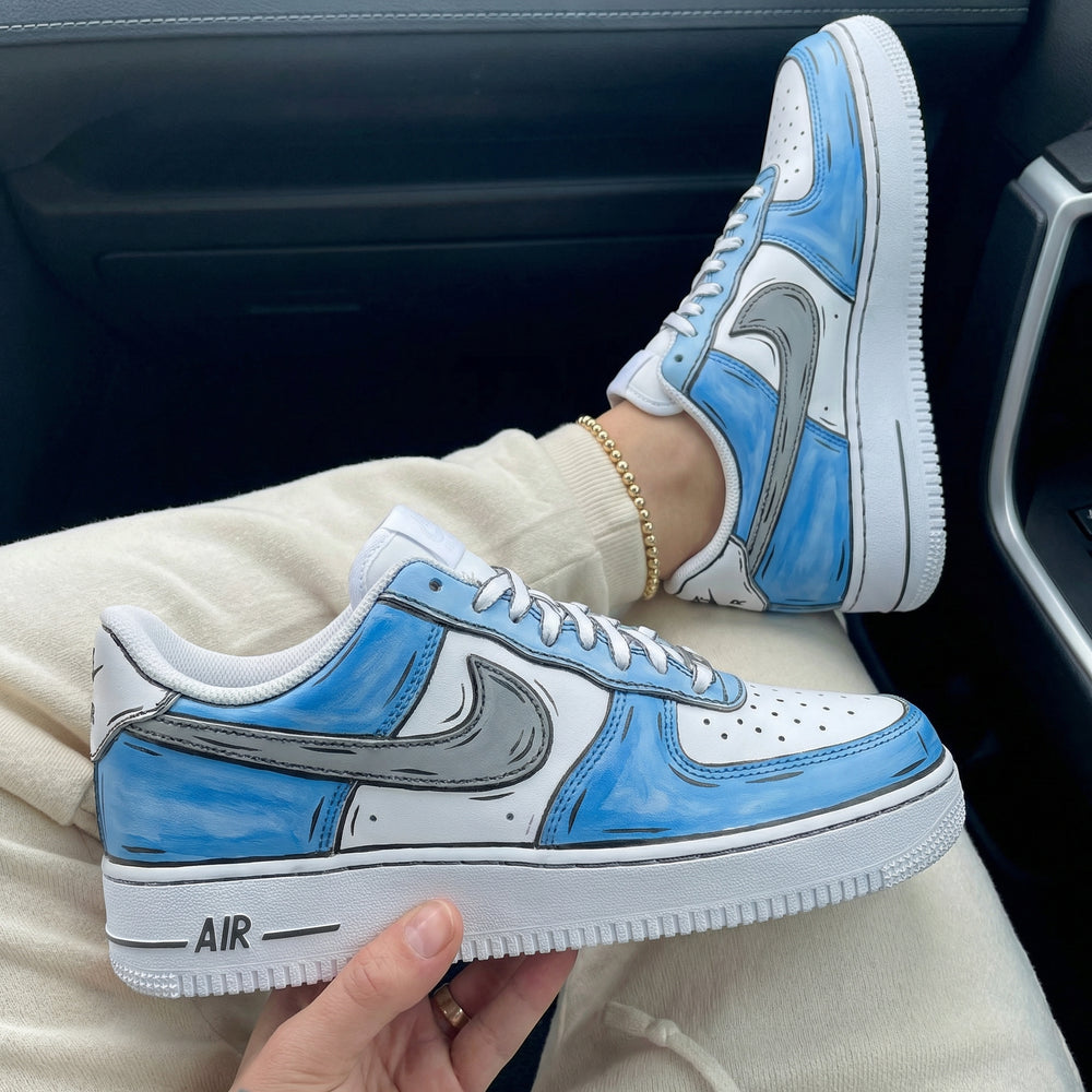 Custom Air Force 1 Baby Blue Gray Comic Style
