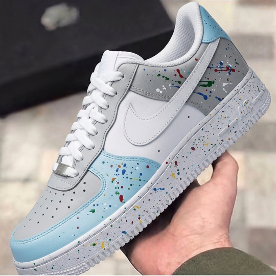 Custom Air Force 1 Baby Blue Gray Paint Splatter