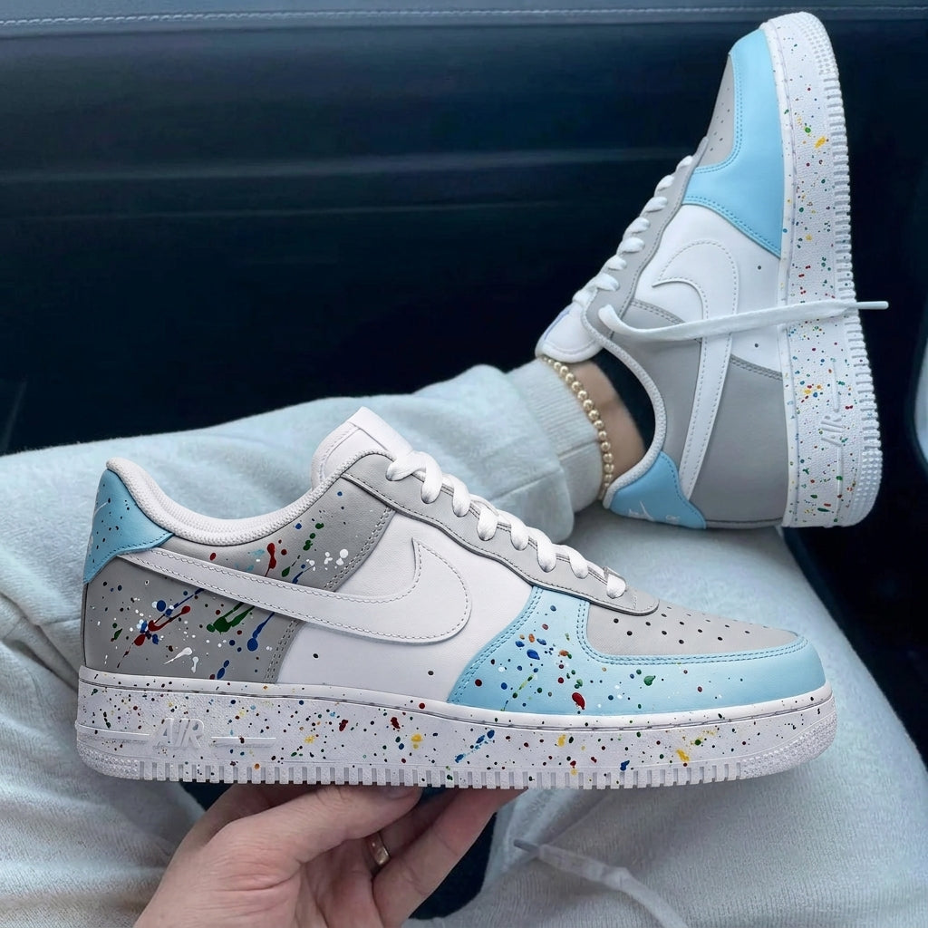 Custom Air Force 1 Baby Blue Gray Paint Splatter