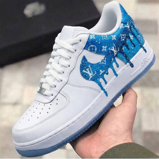 Custom Air Force 1 Baby Blue LV Logo Drip Glitter Design