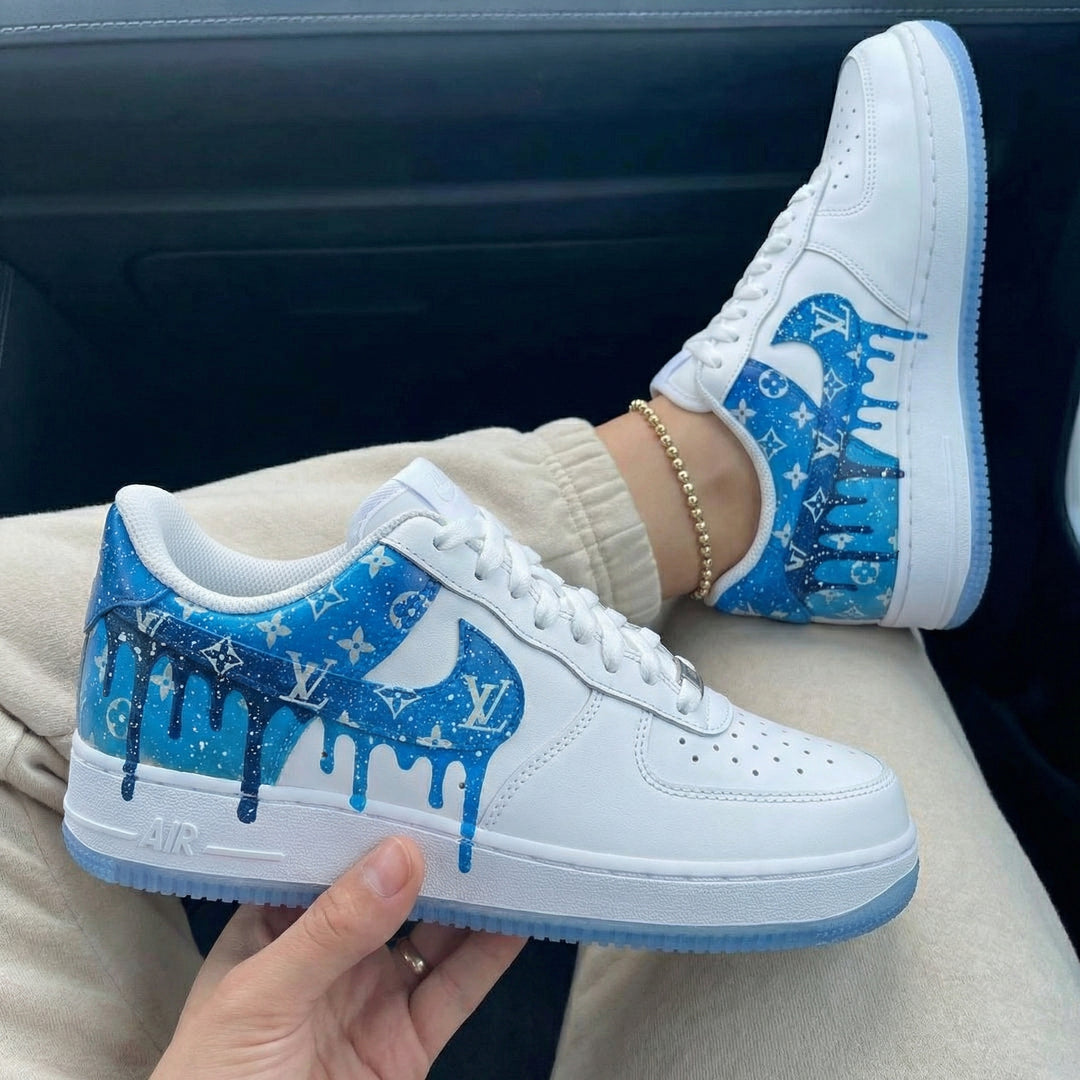 Custom Air Force 1 Baby Blue LV Logo Drip Glitter Design