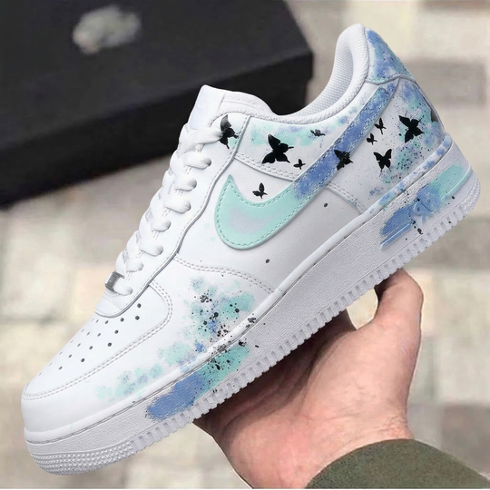 Custom Air Force 1 Baby Blue Mint Green Black Butterflies Splatter