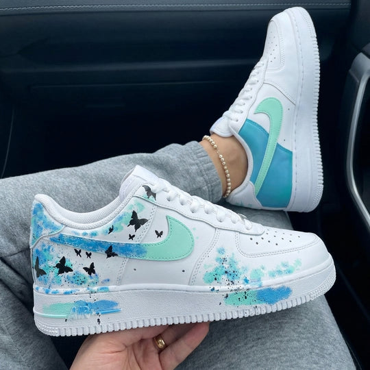Custom Air Force 1 Baby Blue Mint Green Black Butterflies Splatter