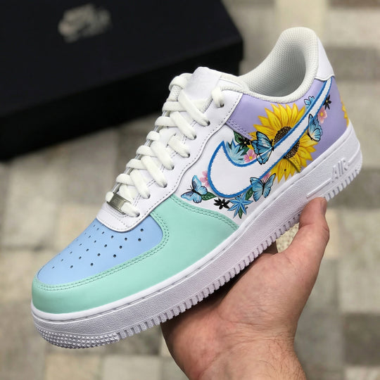Custom Air Force 1 Baby Blue Mint Green Lavender Sunflowers Butterflies