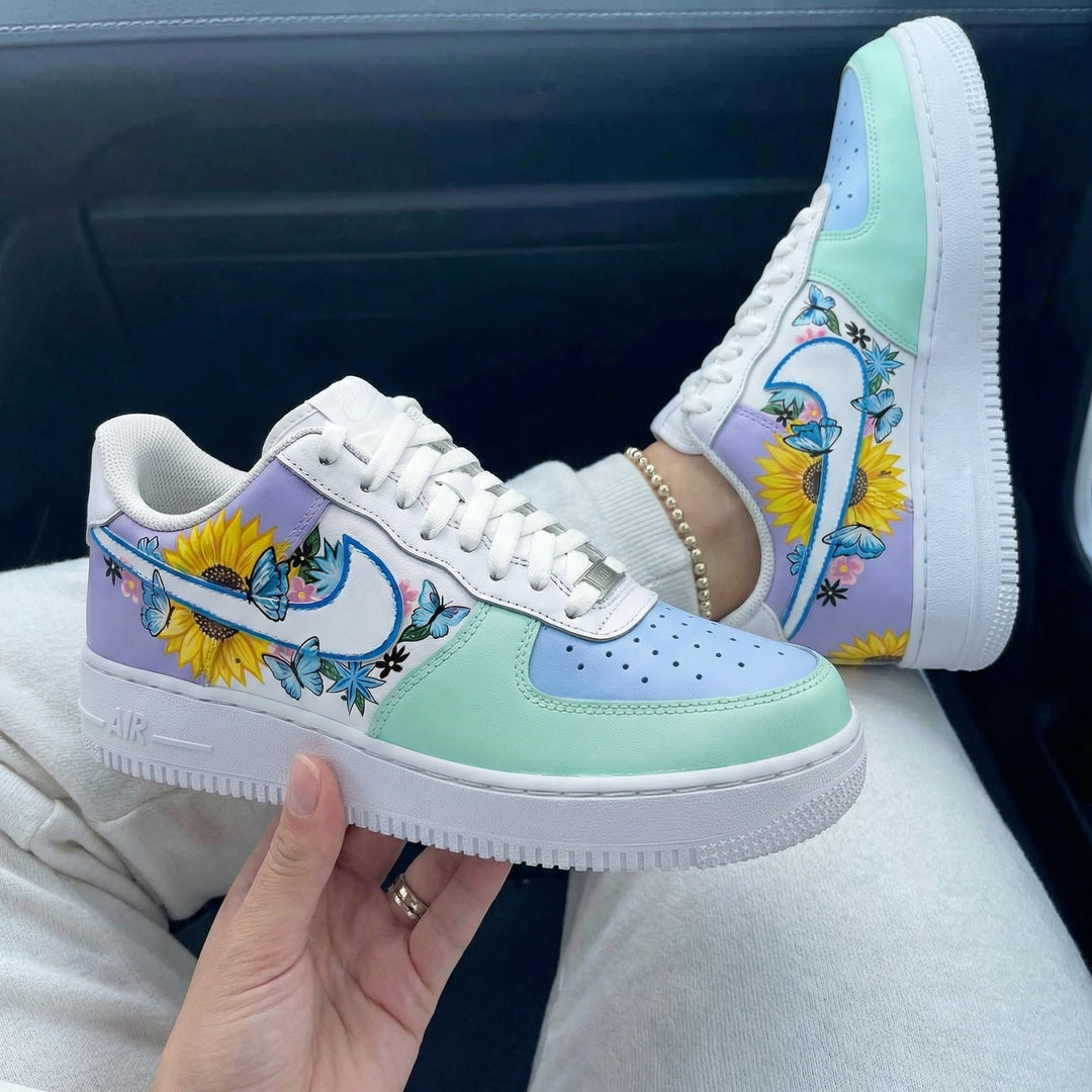 Custom Air Force 1 Baby Blue Mint Green Lavender Sunflowers Butterflies