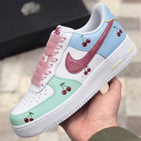 Custom Air Force 1 Baby Blue Mint Pink Glitter Satin Laces Cherries
