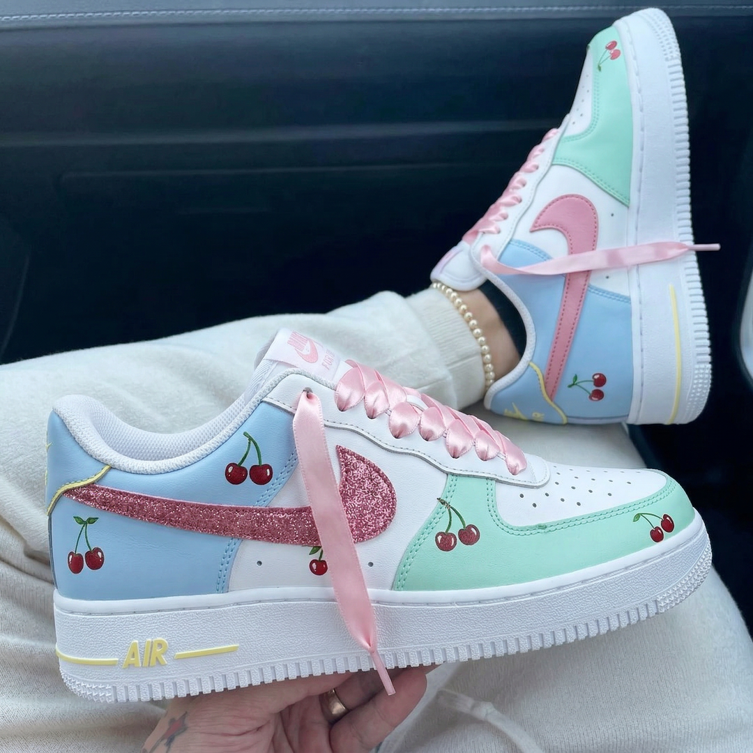 Custom Air Force 1 Baby Blue Mint Pink Glitter Satin Laces Cherries