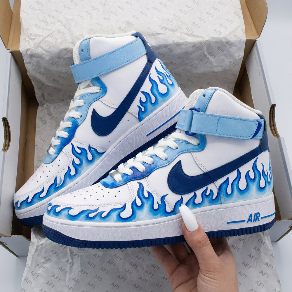 Custom Air Force 1 Baby Blue Navy Flame Design