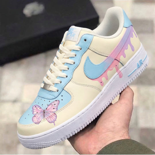 Custom Air Force 1 Baby Blue Pink Dripping Butterfly