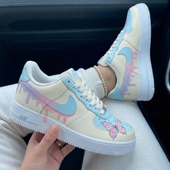 Custom Air Force 1 Baby Blue Pink Dripping Butterfly
