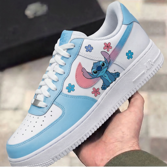Custom Air Force 1 Baby Blue Pink Stitch Flowers