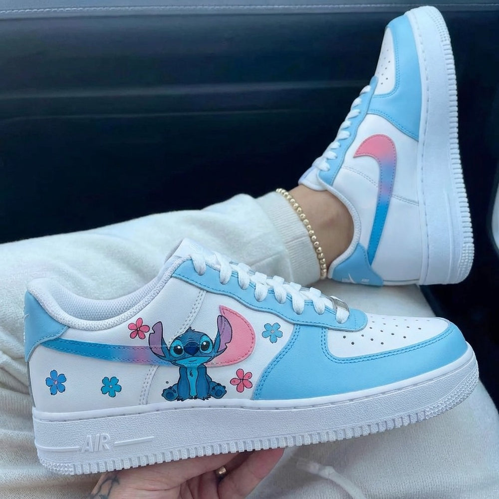 Custom Air Force 1 Baby Blue Pink Stitch Flowers