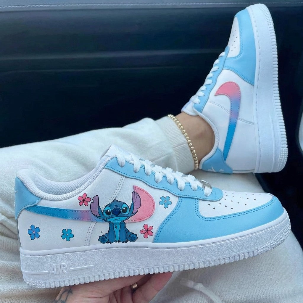 Custom Air Force 1 Baby Blue Pink Stitch Flowers