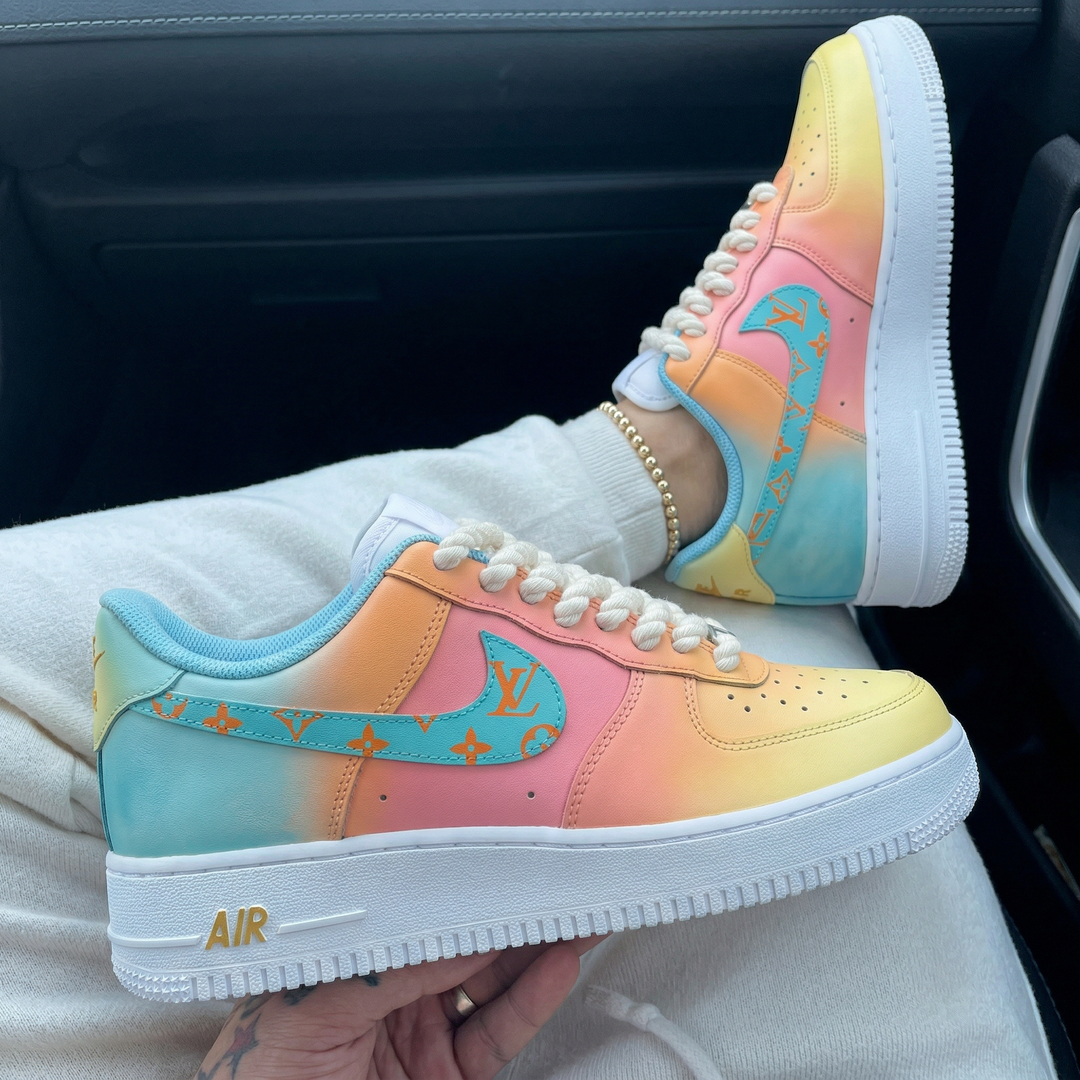 Custom Air Force 1 Baby Blue Pink Yellow LV Logo