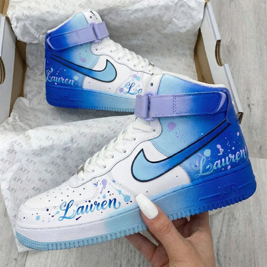Custom Air Force 1 Baby Blue Purple Splatter with Name Lauren