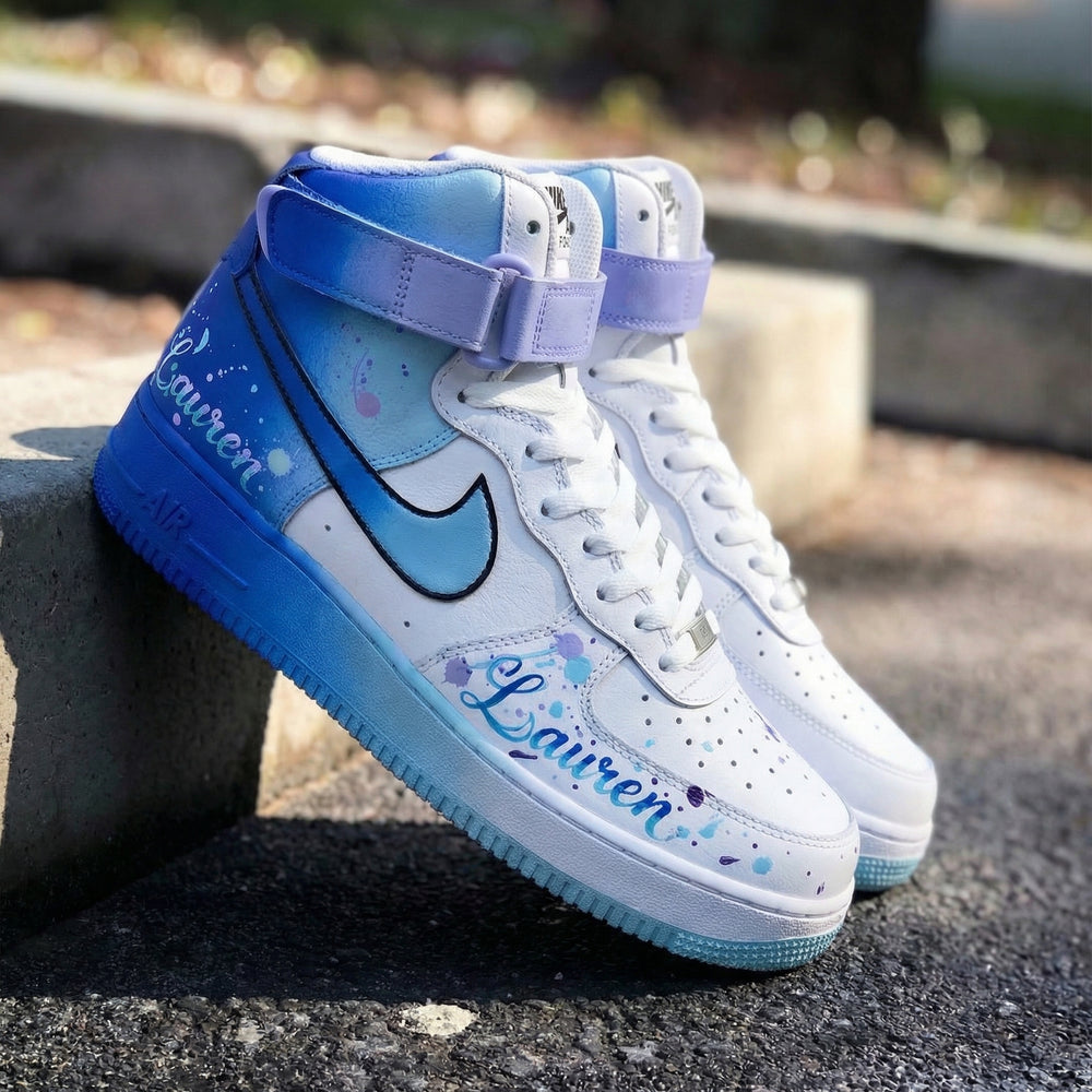 Custom Air Force 1 Baby Blue Purple Splatter with Name Lauren