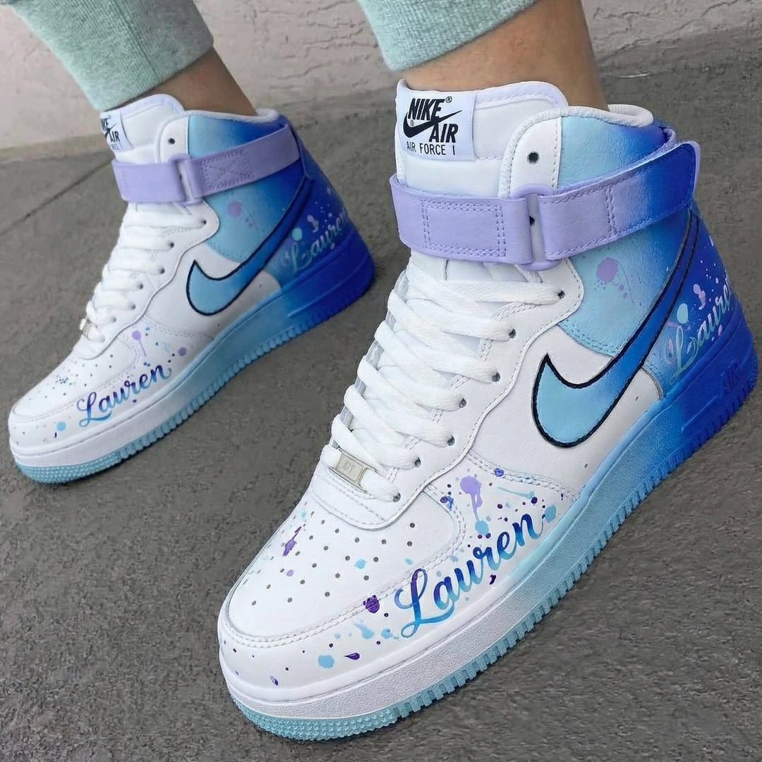 Custom Air Force 1 Baby Blue Purple Splatter with Name Lauren