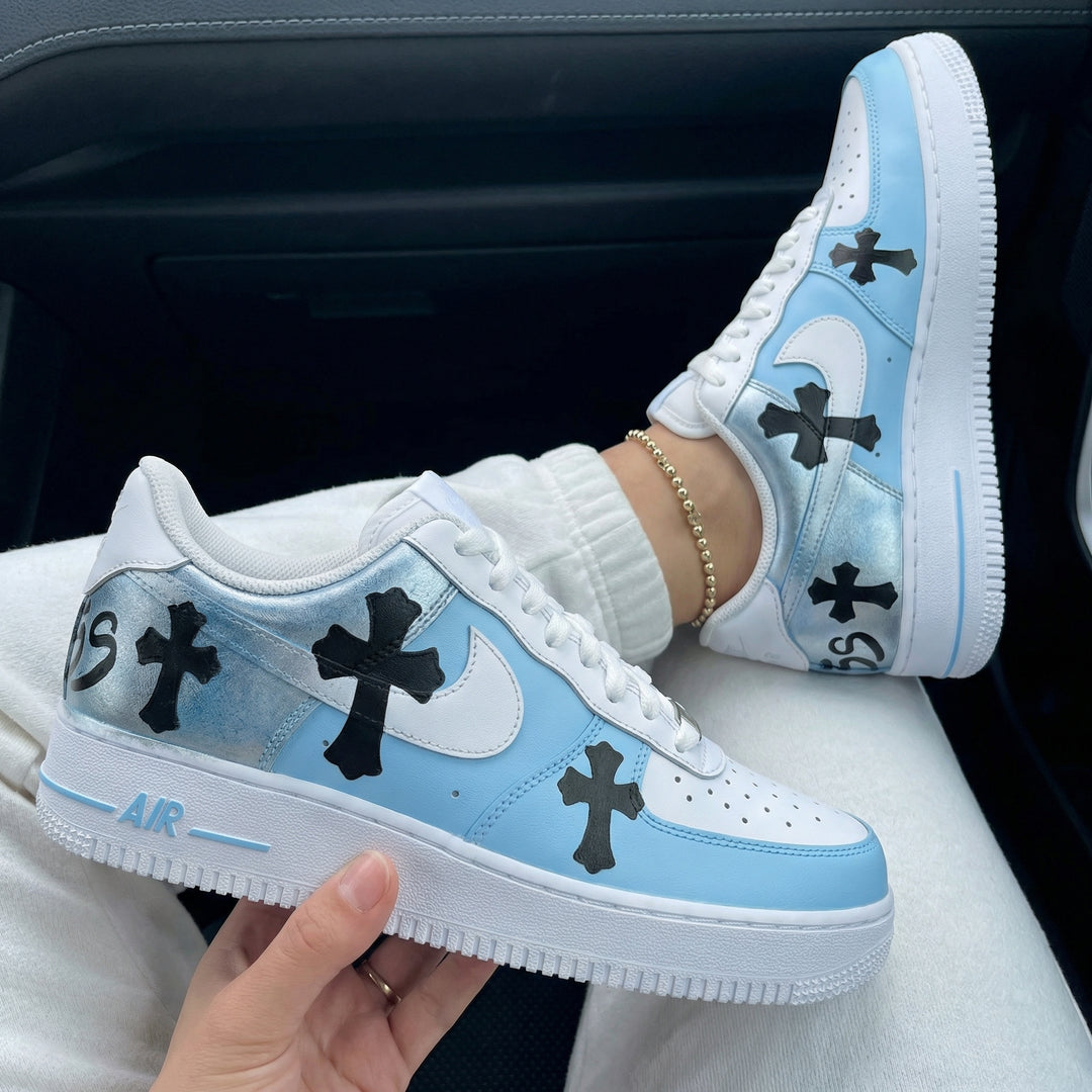 Custom Air Force 1 Baby Blue Silver Black Crosses
