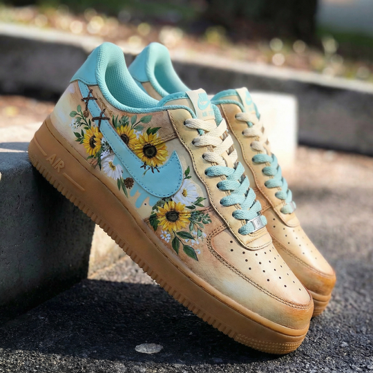 Custom Air Force 1 Baby Blue Sunflower Design