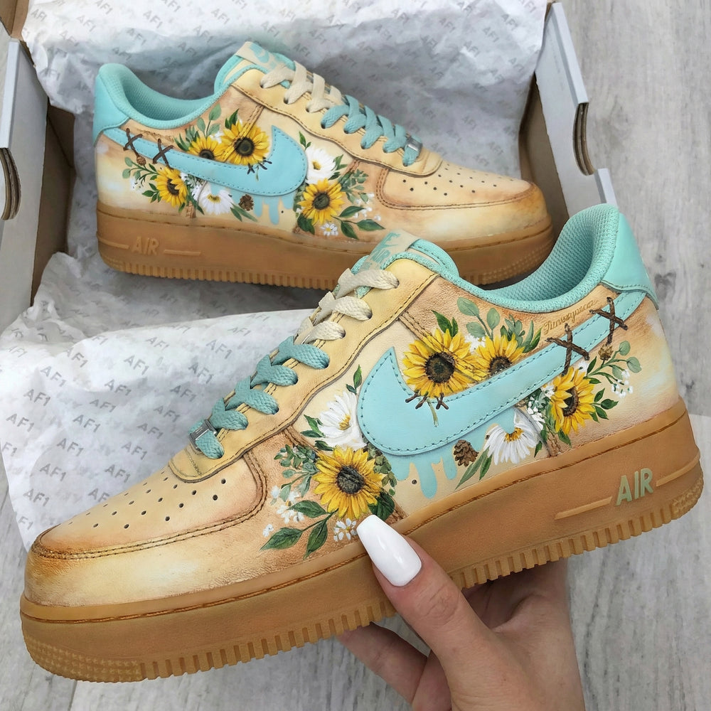 Custom Air Force 1 Baby Blue Sunflower Design