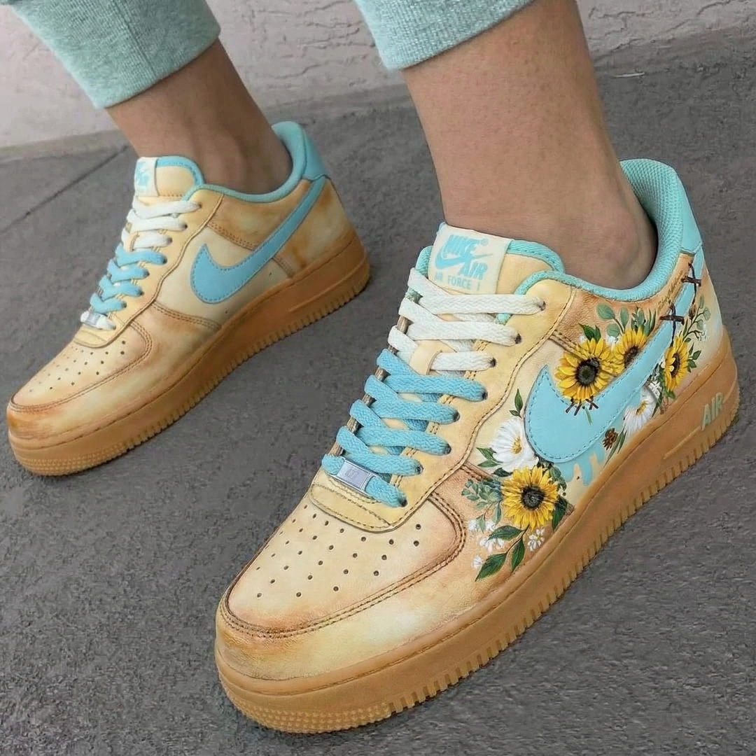 Custom Air Force 1 Baby Blue Sunflower Design