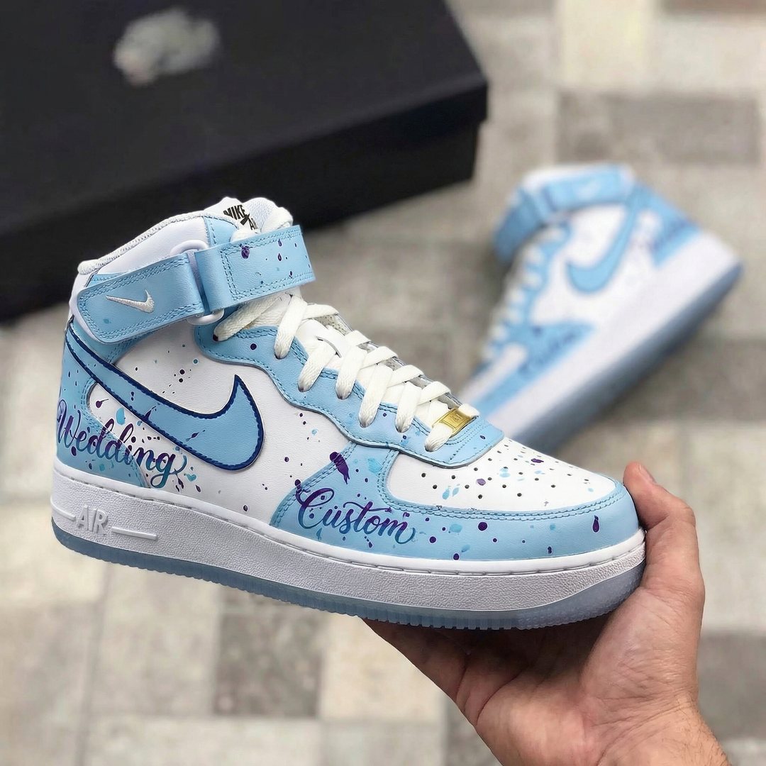 Custom Air Force 1 Baby Blue Wedding Splatter Design