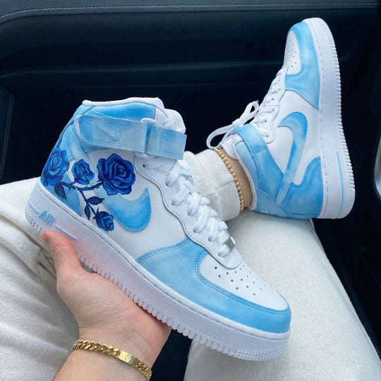 Custom Air Force 1 Baby Blue White with Blue Roses