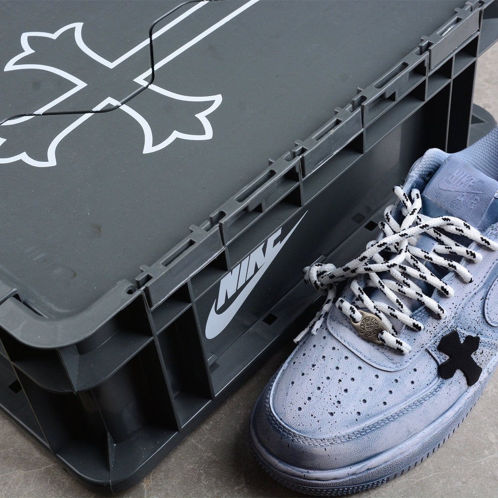 Custom Air Force 1 Baby Blue With Black Crosses And Splatter Design 