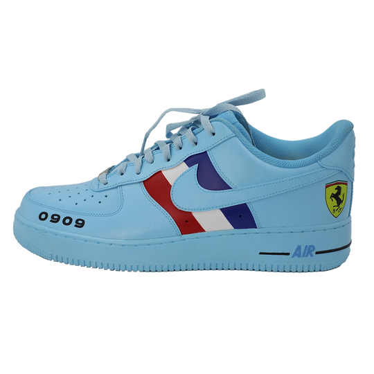 Custom Air Force 1 Baby Blue With Ferrari Logo And Striped Pattern