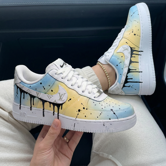 Custom Air Force 1 Baby Blue Yellow LV Logo Black Drip Splatter