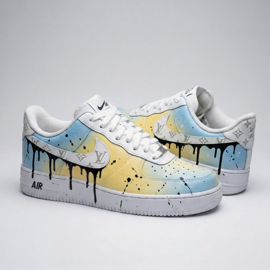 Custom Air Force 1 Baby Blue Yellow LV Logo Black Drip Splatter