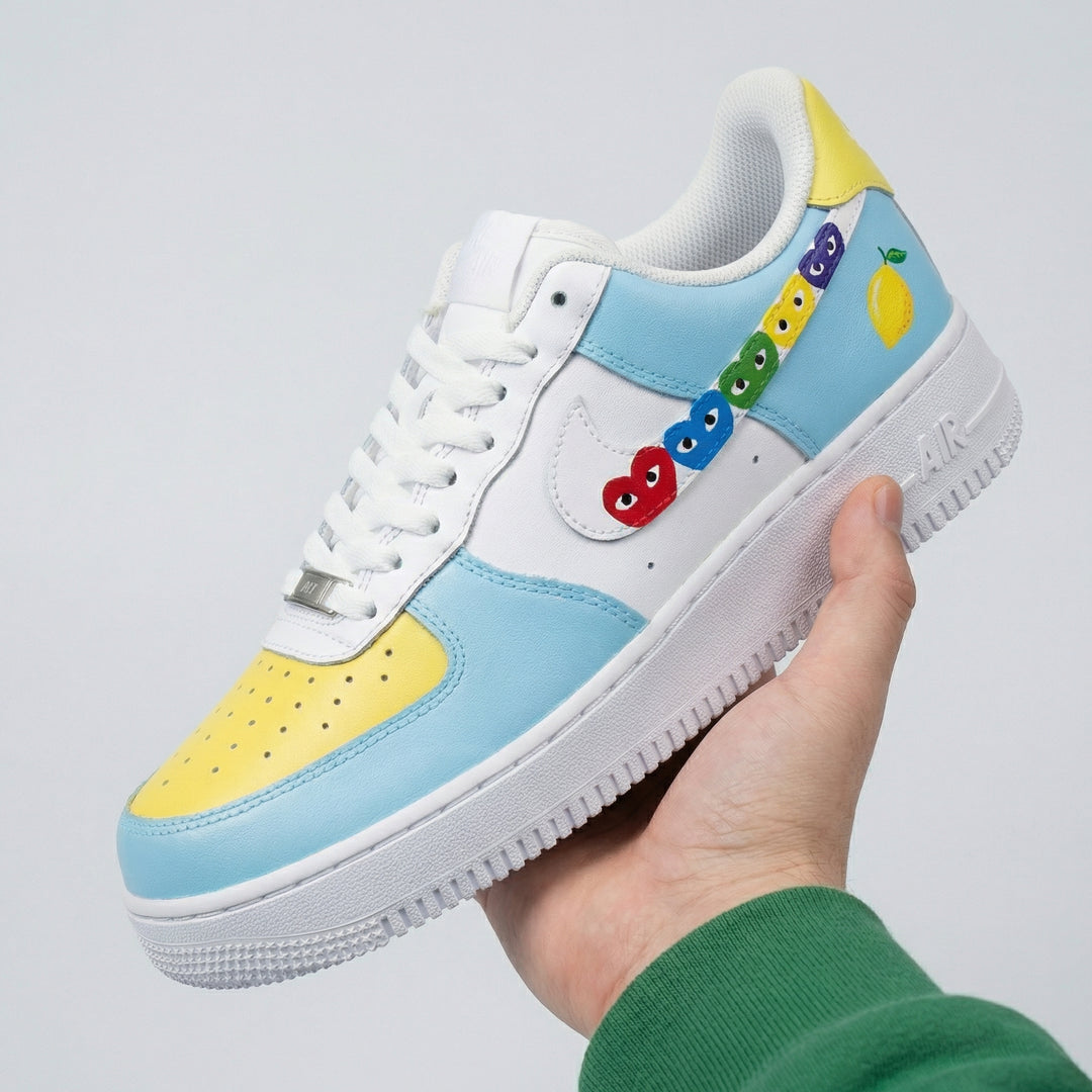 Custom Air Force 1 Baby Blue Yellow with Heart and Lemon Design