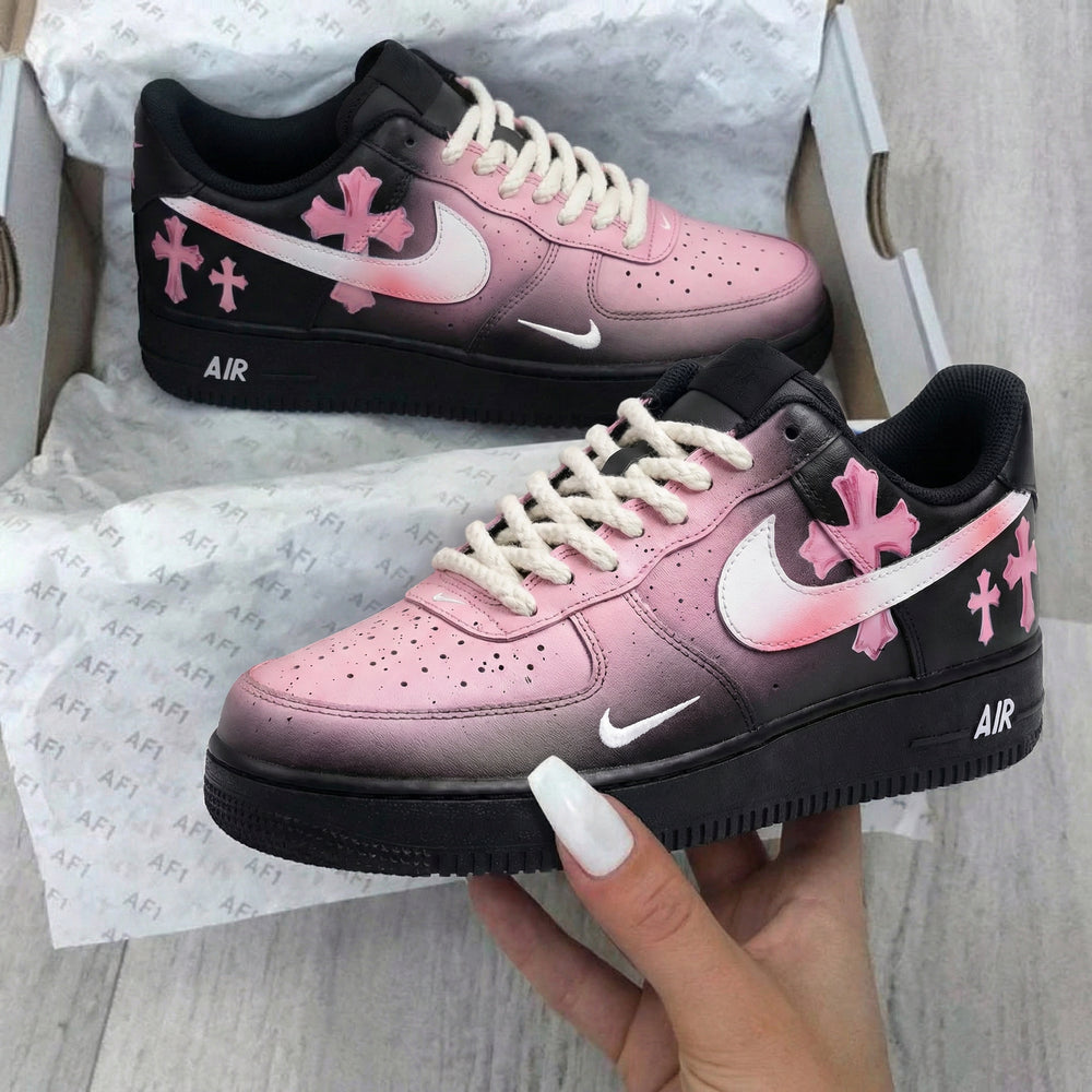 Custom Air Force 1 Baby Pink Black Cross Pattern