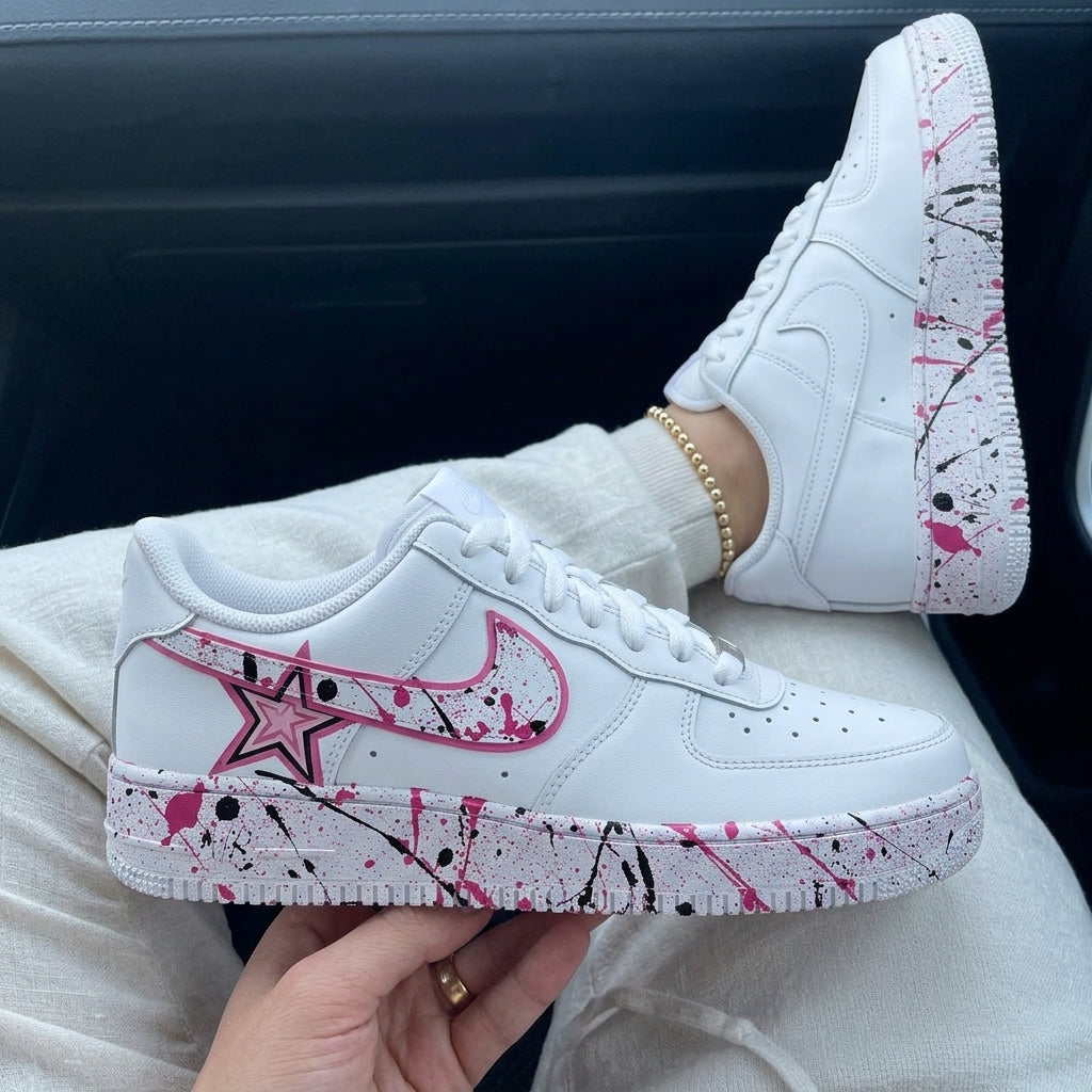 Custom Air Force 1 Baby Pink Black Splatter Star
