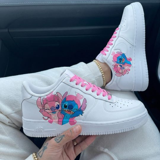Custom Air Force 1 Baby Pink Blue Stitch Angel Hearts