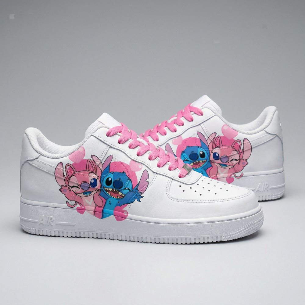 Custom Air Force 1 Baby Pink Blue Stitch Angel Hearts
